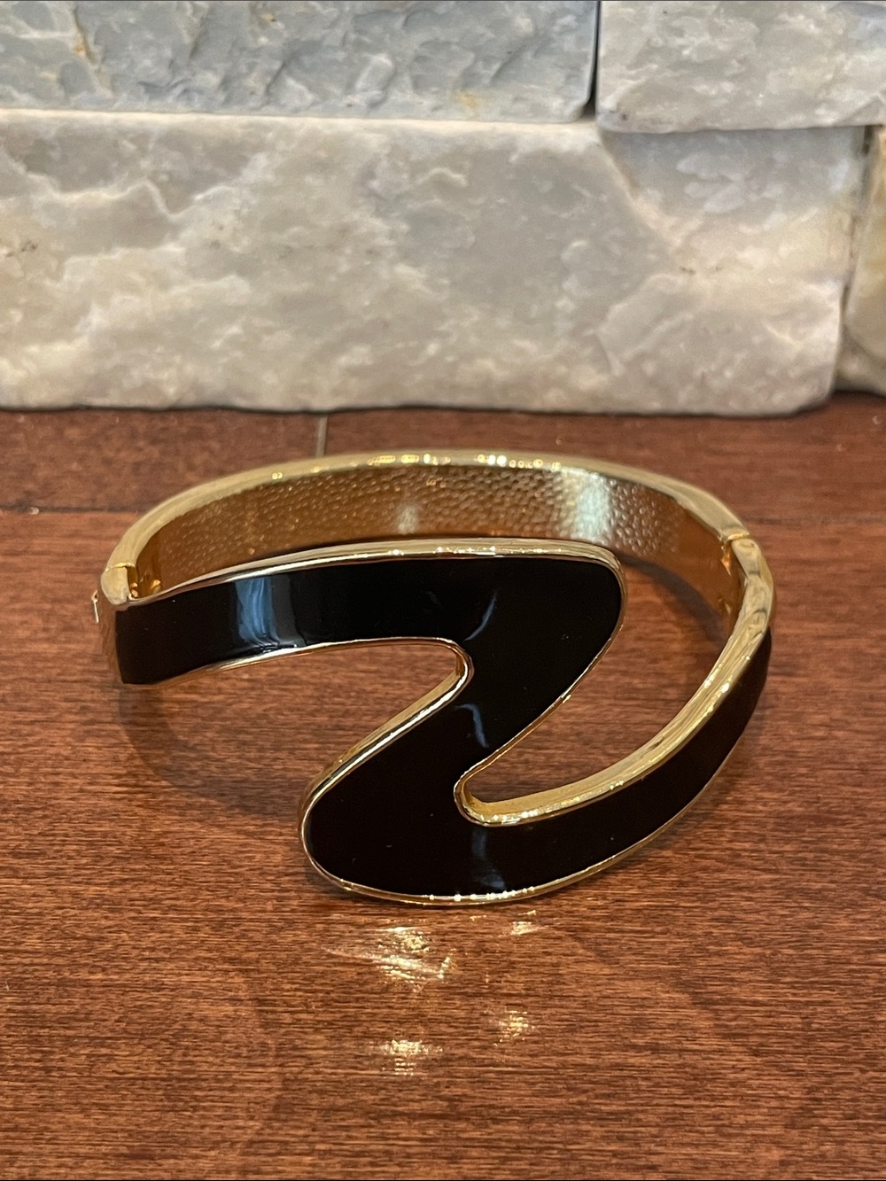 Gold & Black Sculptural Open Cuff Bracelet